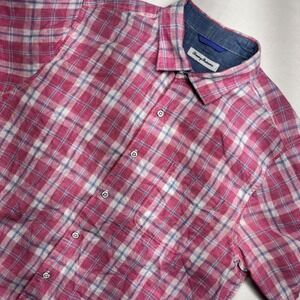 Tommy Bahama Mens Large Pink Blue Plaid Short Sleeve Button Down Shirt Cotton